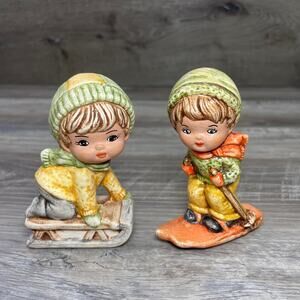 Vintage Children Sledding Skiing Figurines Boy Girl Kids Snow Yellow Green Red